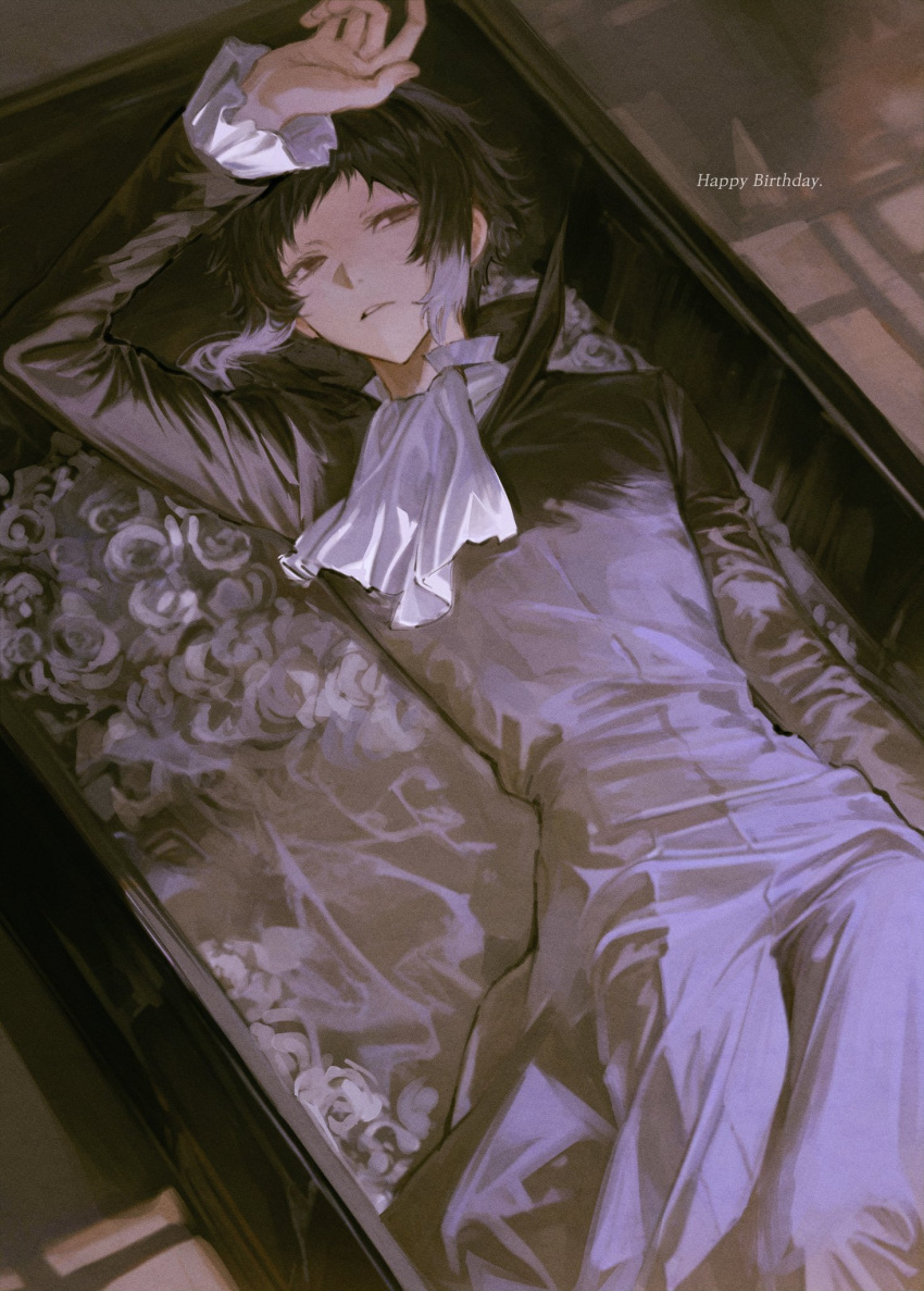 1boy, akutagawa_ryuunosuke_(bungou_stray_dogs), arm_on_own_head, ascot, black_coat, black_eyes, black_hair, bungou_stray_dogs, coat, collared_shirt, colored_tips, cowboy_shot, flower, frilled_sleeves, frills, happy_birthday, highres, in_coffin, long_sleeves, looking_to_the_side, lying, male_focus, multicolored_hair, nikoeqo, on_back, parted_lips, shirt, short_hair, solo, white_ascot, white_flower