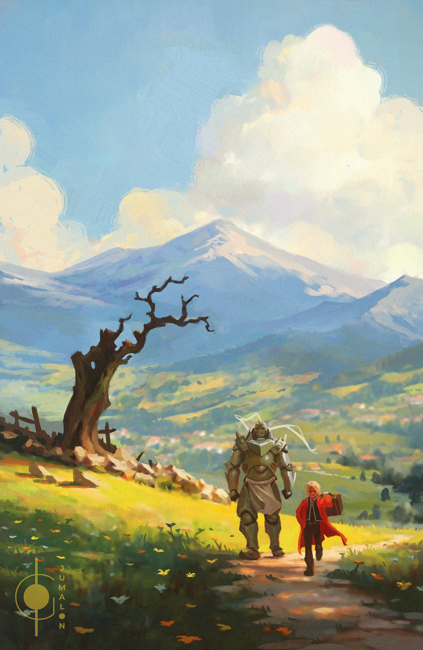 2boys, alphonse_elric, armor, artist_logo, burnt_tree, clouds, cloudy_sky, coat