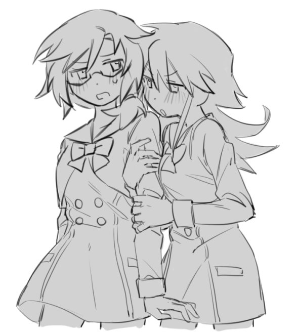2girls, blush, breasts, chaos;child, chest_bow, chirp_co2, cropped_jacket, dress, genderswap, genderswap_(mtf), glasses, greyscale, hekiho_academy_school_uniform, itou_shinji_(chaos;child), long_hair, medium_hair, miyashiro_takuru, monochrome, multiple_girls, nervous_sweating, open_mouth, ponytail, sailor_collar, school_uniform, science_adventure, short_dress, small_breasts, sweat, yuri