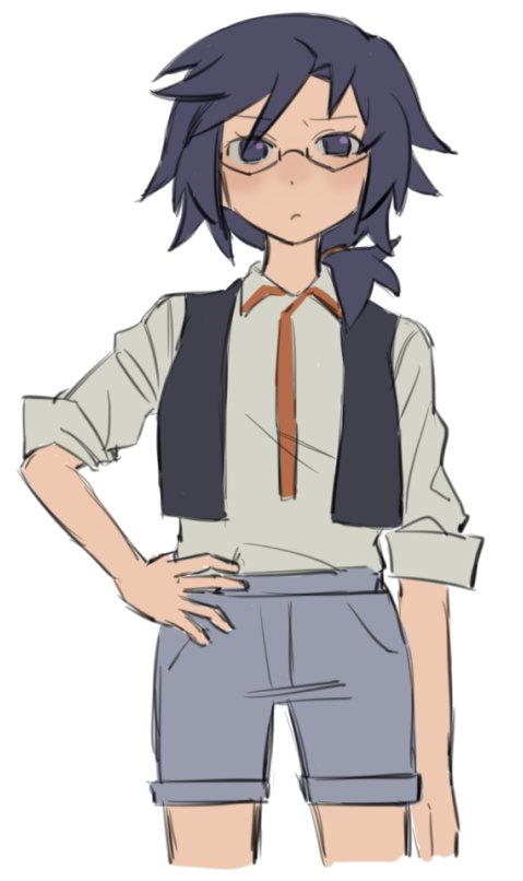 1girl, blue_eyes, blue_hair, blue_shorts, casual, chaos;child, chirp_co2, expressionless