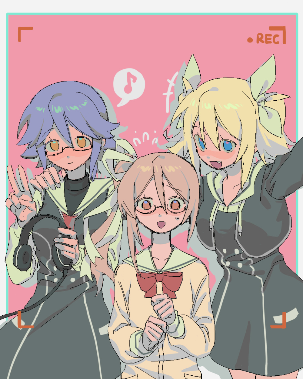 3girls, :d, arimura_hinae, blonde_hair, blue_eyes, blue_hair, blush, brown_cardigan