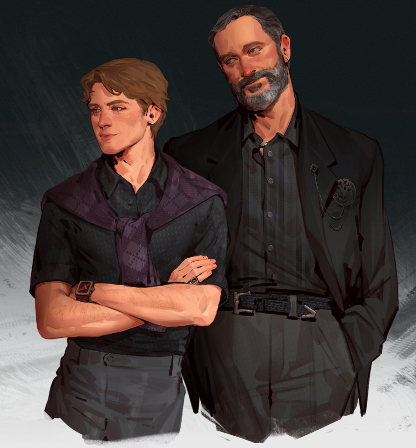 2boys, a_knight_of_the_seven_kingdoms, a_song_of_ice_and_fire, absurdres, baelor_targaryen, beard, belt, belt_buckle, black_belt, black_hair, black_jacket, black_shirt, brown_hair, buckle, closed_mouth, collared_shirt, cowboy_shot, crazytom, cropped_legs, crossed_arms, facial_hair, father_and_son, grey_hair, grey_pants, hands_in_pockets, highres, jacket, male_focus, mature_male, multiple_boys, pants, pinky_ring, purple_shawl, shawl, shirt, short_hair, short_sleeves, sigil, striped_clothes, striped_shirt, suit_jacket, valarr_targaryen, watch, watch