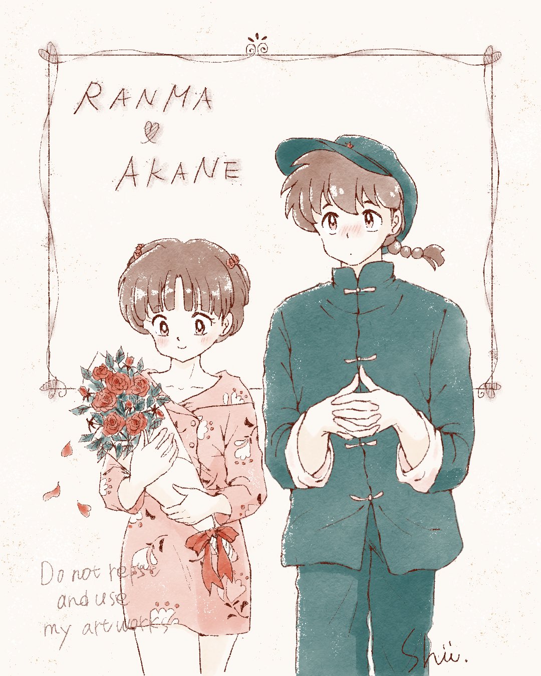 1boy, 1girl, bouquet, braid, braided_ponytail, brown_hair, commentary_request, dress