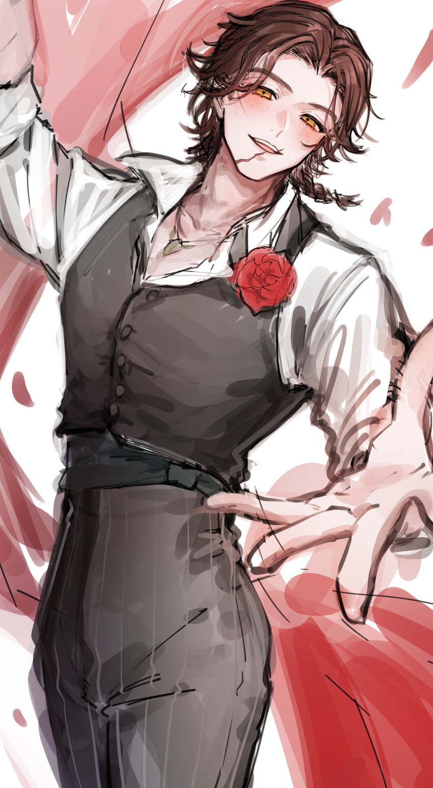 1boy, absurdres, blush, brown_hair, commentary_request, flower, hernando_romero, highres