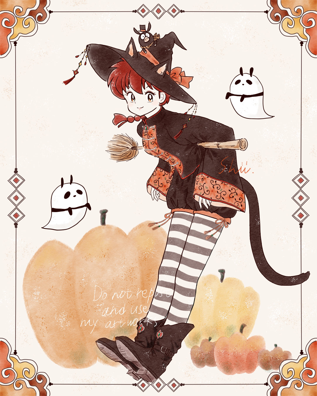 1girl, animal_ears, black_bloomers, bloomers, boots, broom, cat_ears, cat_tail