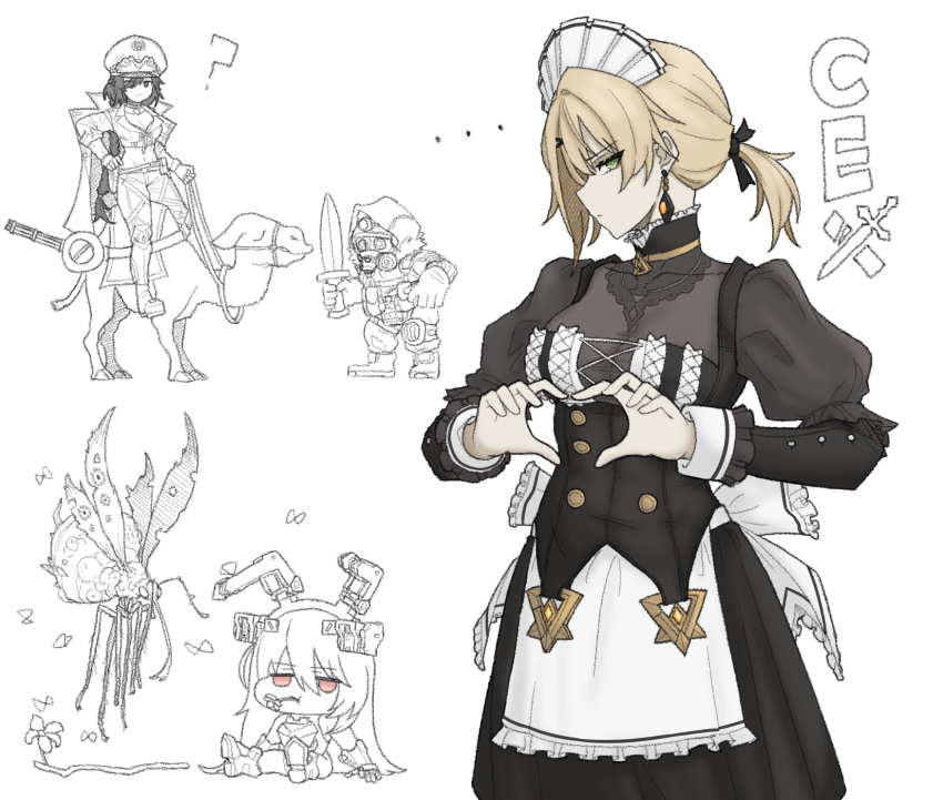 1boy, 3girls, animal, blonde_hair, camel, chibi, creature, elid_(girls'_frontline)