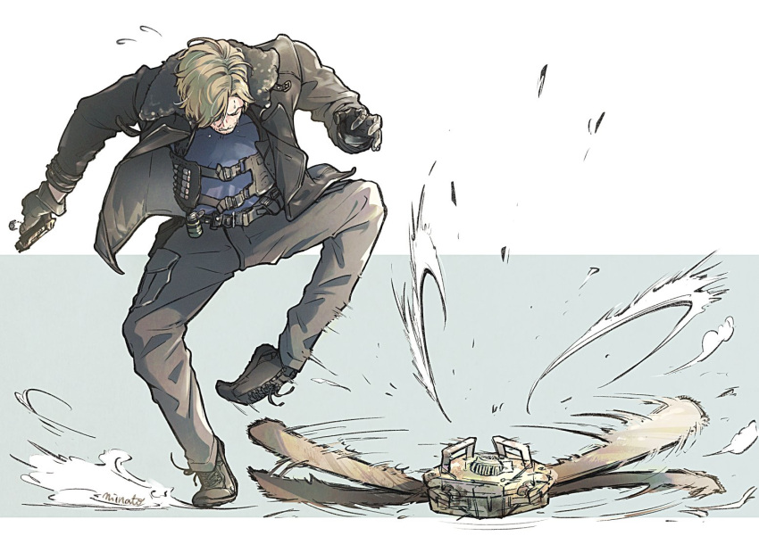 1boy, artist_name, black_coat, black_gloves, black_shoes, blonde_hair, blue_shirt, border, chainsaw, coat, commentary_request, flying_sweatdrops, full_body, fur-trimmed_coat, fur_trim, furrowed_brow, gloves, grey_background, grey_pants, gun, handgun, holding, holding_gun, holding_weapon, leon_s._kennedy, likeaport, male_focus, pants, resident_evil, resident_evil_requiem, shirt, shoes, short_hair, solo, weapon, white_border