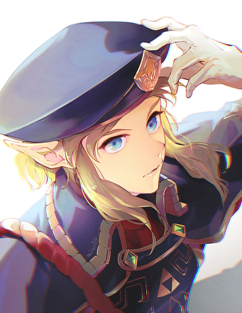 1boy, adjusting_clothes, adjusting_headwear, artist_name, beret, blonde_hair, blue_eyes, blue_hat