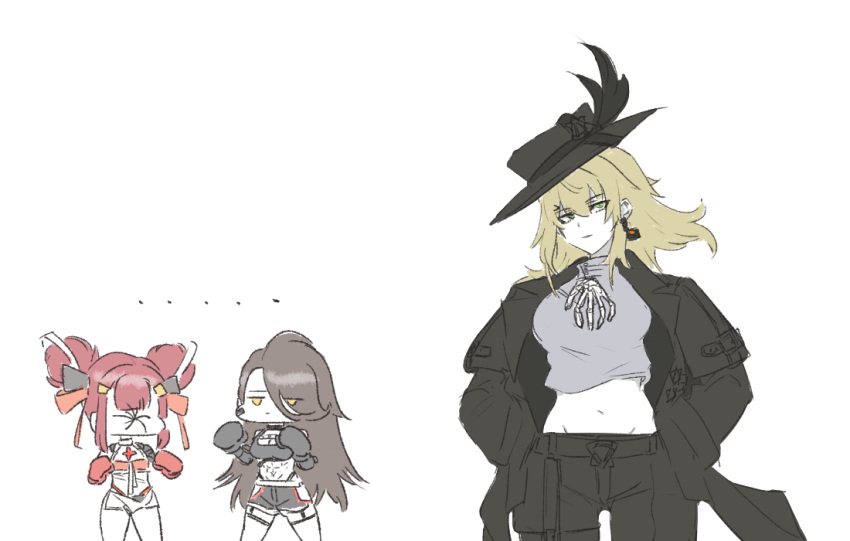 3girls, blonde_hair, boxing_gloves, brown_hair, cz75_(girls'_frontline), earrings, faye_(girls'_frontline_2), girls'_frontline_2:_exilium