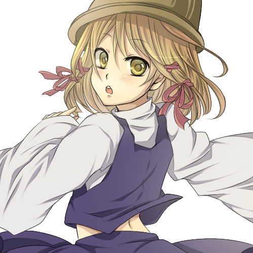 :o, amese_hiyori, blonde_hair, hair_ornament, hair_ribbon, hat, looking_at_viewer, looking_back