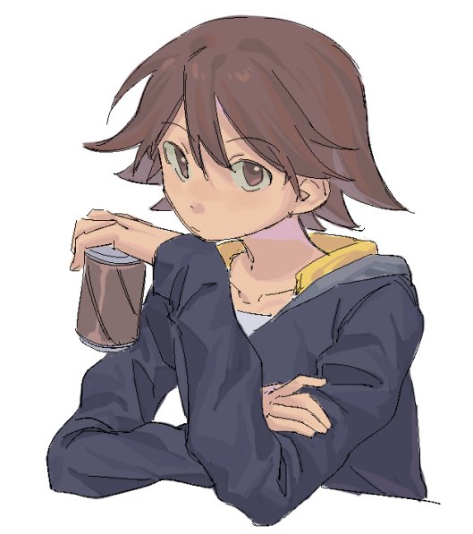 1boy, brown_eyes, brown_hair, can, casual, chaos;child, chirp_co2, collarbone, commentary_request, holding, holding_can, hood, hood_down, hoodie, itou_shinji_(chaos;child), looking_at_viewer, science_adventure, shirt, smile, solo, upper_body, white_background, white_shirt, yellow_hood