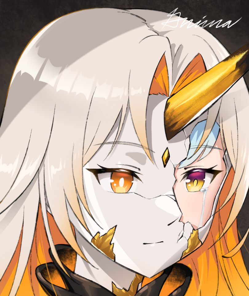 1girl, blonde_hair, colored_inner_hair, commentary_request, cracked_kawaii_mask, cracked_mask, crying, crying_with_eyes_open