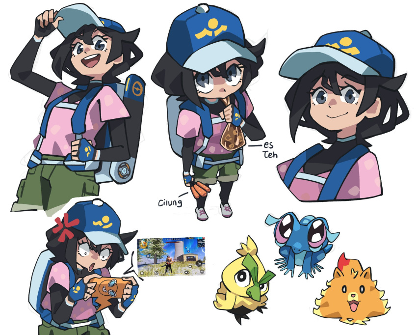 1girl, anger_vein, angry, aqua_trim, backpack, bag, baseball_cap, bird