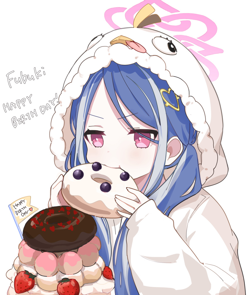 1girl, absurdres, blue_archive, blue_hair, cake, chapoke, doughnut, eating