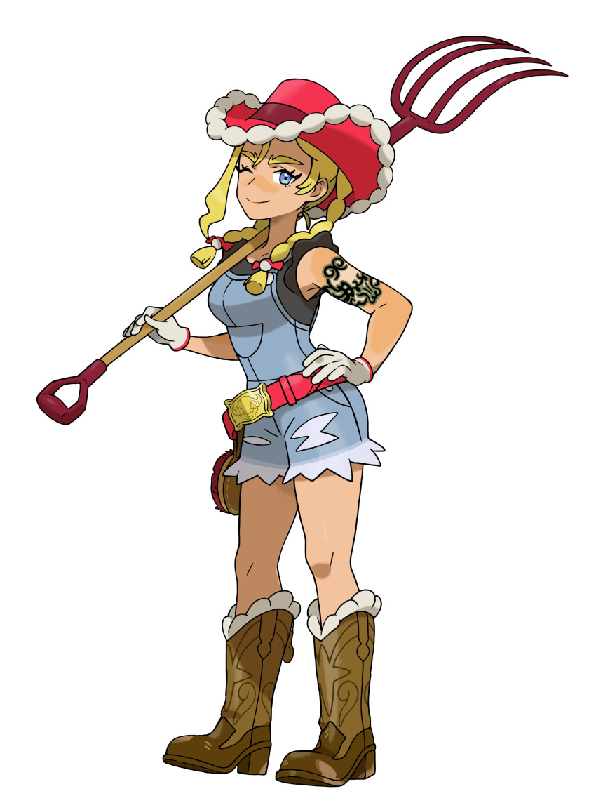 1girl, absurdres, arm_tattoo, blonde_hair, blue_eyes, blue_overalls, boots, braid