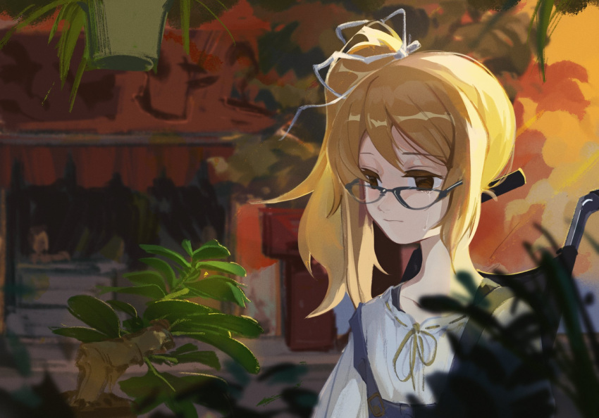 1girl, acminaasonde, blouse, blue_overalls, brown_eyes, brown_hair, chaos;child, crying