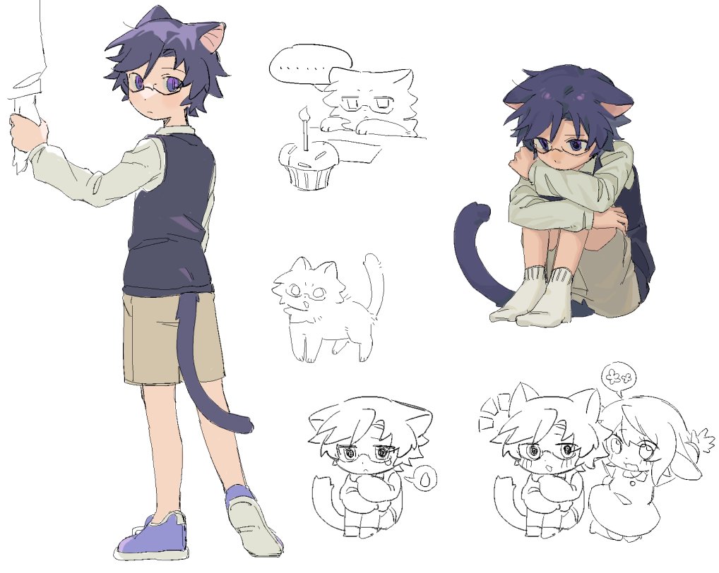 1boy, 1girl, aged_down, animal_ears, black_vest, blue_eyes, blue_hair, blue_shoes