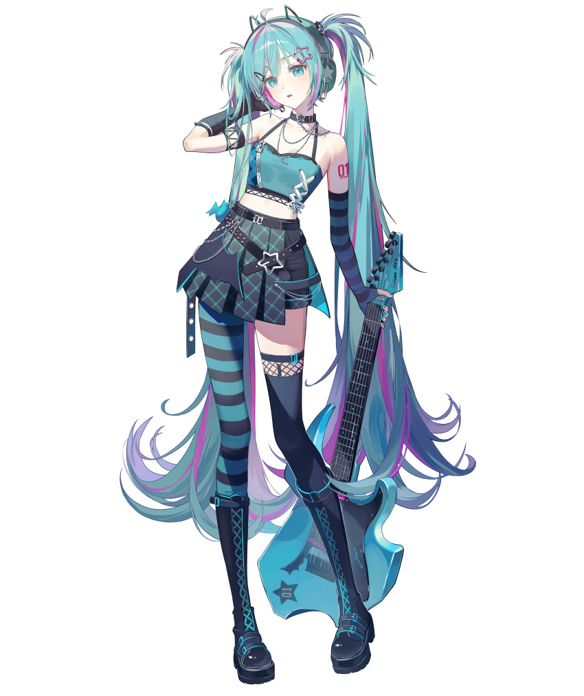 1girl, absurdres, alternate_costume, aqua_eyes, aqua_hair, arm_tattoo, bare_shoulders, belt