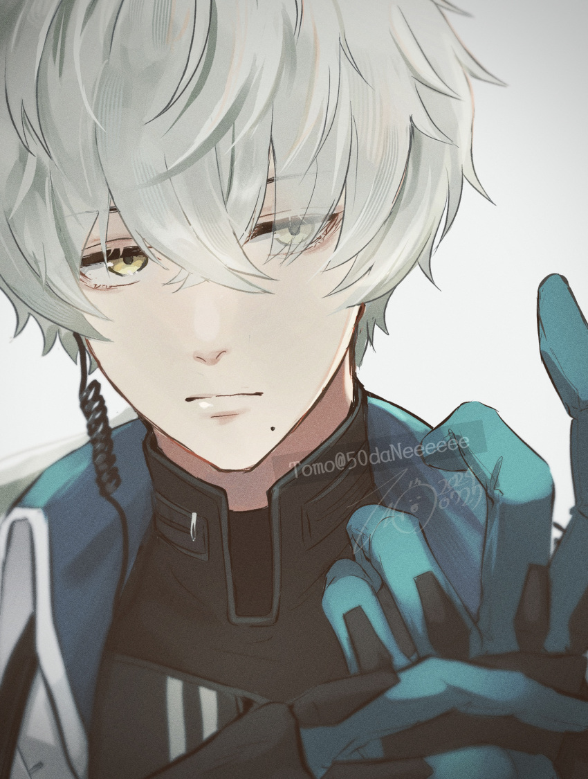 1boy, 50daneeeeee, absurdres, adjusting_clothes, adjusting_gloves, arms_up, closed_mouth, collared_jacket, crossed_bangs, eyes_visible_through_hair, gloves, grey_hair, hair_between_eyes, highres, jacket, looking_at_viewer, male_focus, mole, mole_under_mouth, open_clothes, open_jacket, portrait, punishing:_gray_raven, short_hair, simple_background, solo, wanshi:_lucid_dreamer_(pgr), wanshi_(pgr), white_background, white_jacket, yellow_eyes