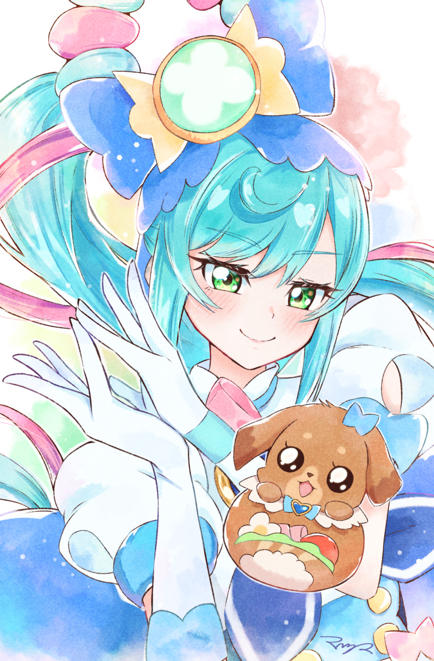 1girl, absurdres, artist_name, back_bow, blue_bow, blue_dress, blue_hair, blush