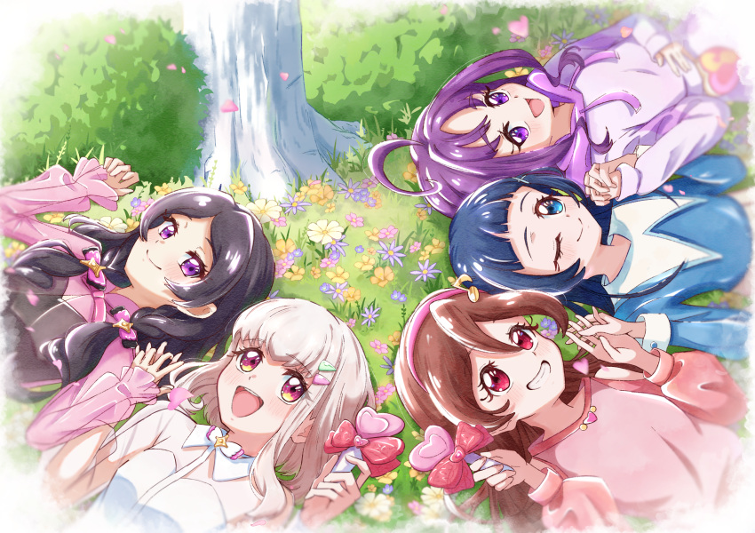 5girls, absurdres, ahoge, aokaze_nana, black_hair, black_shirt, blonde_hair, blue_eyes