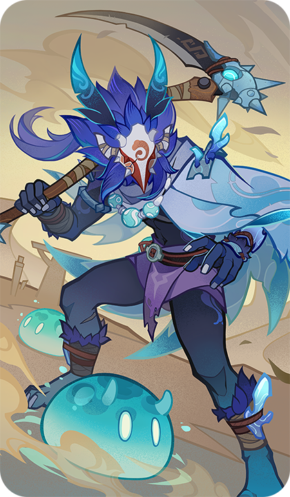 1boy, armlet, bad_source, bandaged_arm, bandaged_leg, bandages, blue_cape, cape, cracked_mask, dust_cloud, fingernails, genius_invokation_tcg_(style), genshin_impact, hilichurl_(genshin_impact), hilichurl_rogue_(genshin_impact), holding, holding_scythe, holding_weapon, hydro_slime_(genshin_impact), jewelry, loincloth, male_focus, mask, monster, monster_focus, necklace, official_art, outdoors, print_cape, purple_loincloth, scar, scar_on_leg, scythe, skull_mask, sky, slime_(creature), slime_(genshin_impact), solo, standing, torn_cape, torn_clothes, weapon