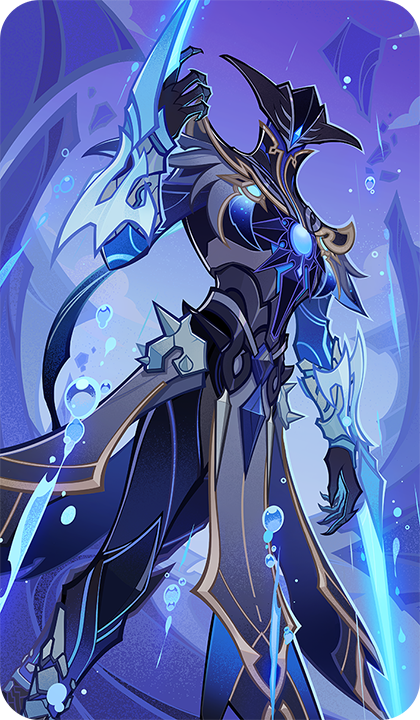 1boy, abyss_herald_(genshin_impact), arm_blade, armor, bad_source, black_skin, blue_gem, blue_skin