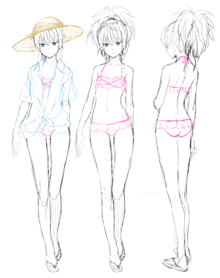 bare_legs, bare_shoulders, bikini_skirt, darker_than_black, expressionless, flat_chest, front-tie_top, hat, how_to, jacket_over_swimsuit, legs, midriff, navel, ponytail, rokkaku_(ajisaidenden), sandals, sketch, slender, standing, sun_hat, swimsuit, yin