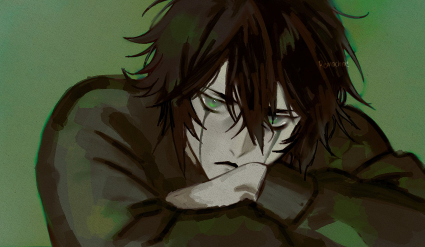 1boy, black_hair, black_sweater, bleach, closed_mouth, crossed_arms, facial_mark, green_background, green_eyes, hair_between_eyes, highres, long_sleeves, looking_at_viewer, male_focus, messy_hair, pale_skin, remachne, short_hair, solo, sweater, ulquiorra_cifer, upper_body