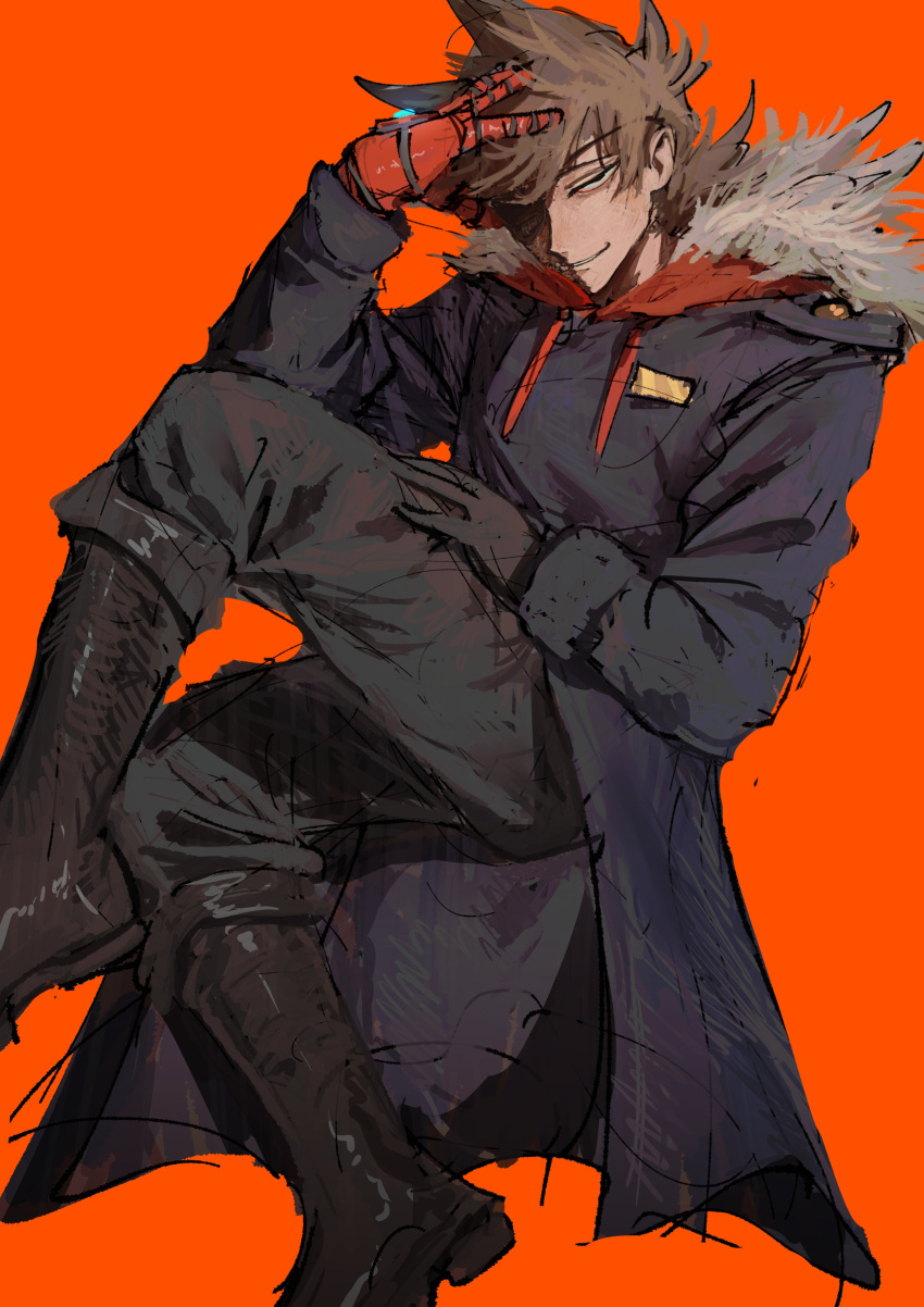 1boy, absurdres, animification, antenna_hair, black_boots, black_gloves, black_pants, blue_coat