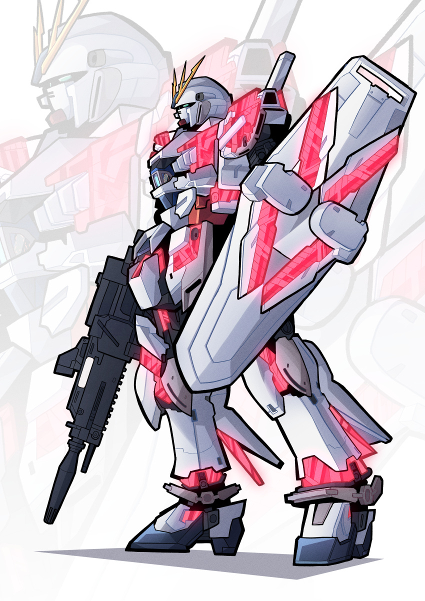 absurdres, beam_rifle, commentary, energy_gun, from_side, green_eyes, gun, gundam, gundam_narrative, gylmyr, highres, holding, holding_gun, holding_weapon, mecha, mecha_focus, mobile_suit, narrative_gundam, narrative_gundam_c-packs, no_humans, nt-d, profile, psycho_frame, revision, robot, science_fiction, shield, solo, standing, v-fin, weapon, zoom_layer