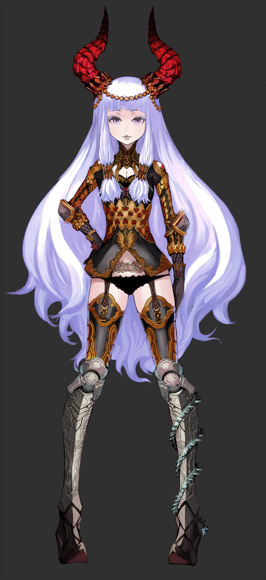 armor, black_panties, boots, breasts, cleavage, grey_eyes, hand_on_hip, highres