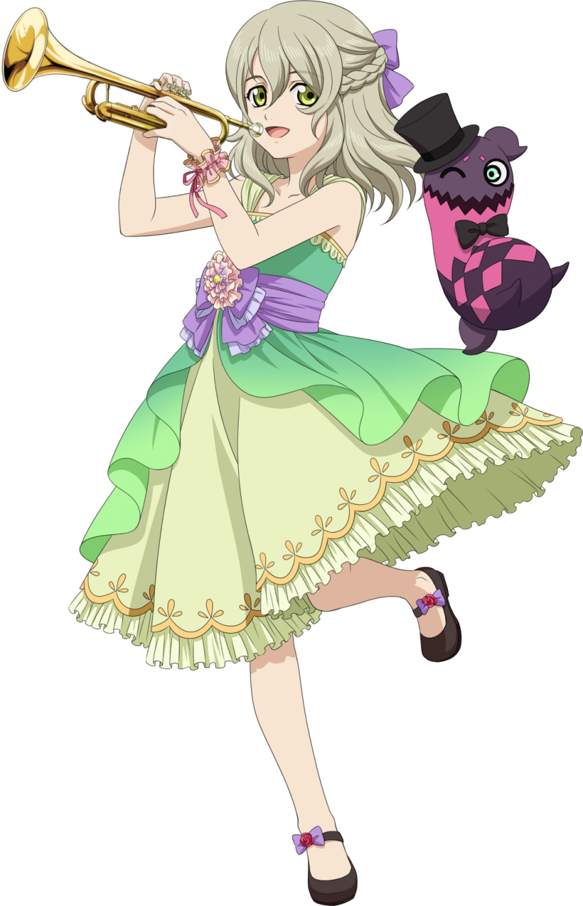 1girl, artist_request, black_shoes, blonde_hair, braid, creature, doll, dress