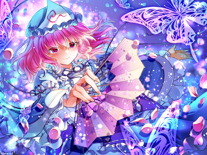 1girl, artist_name, blue_hat, blue_kimono, blush, bug, butterfly, closed_mouth