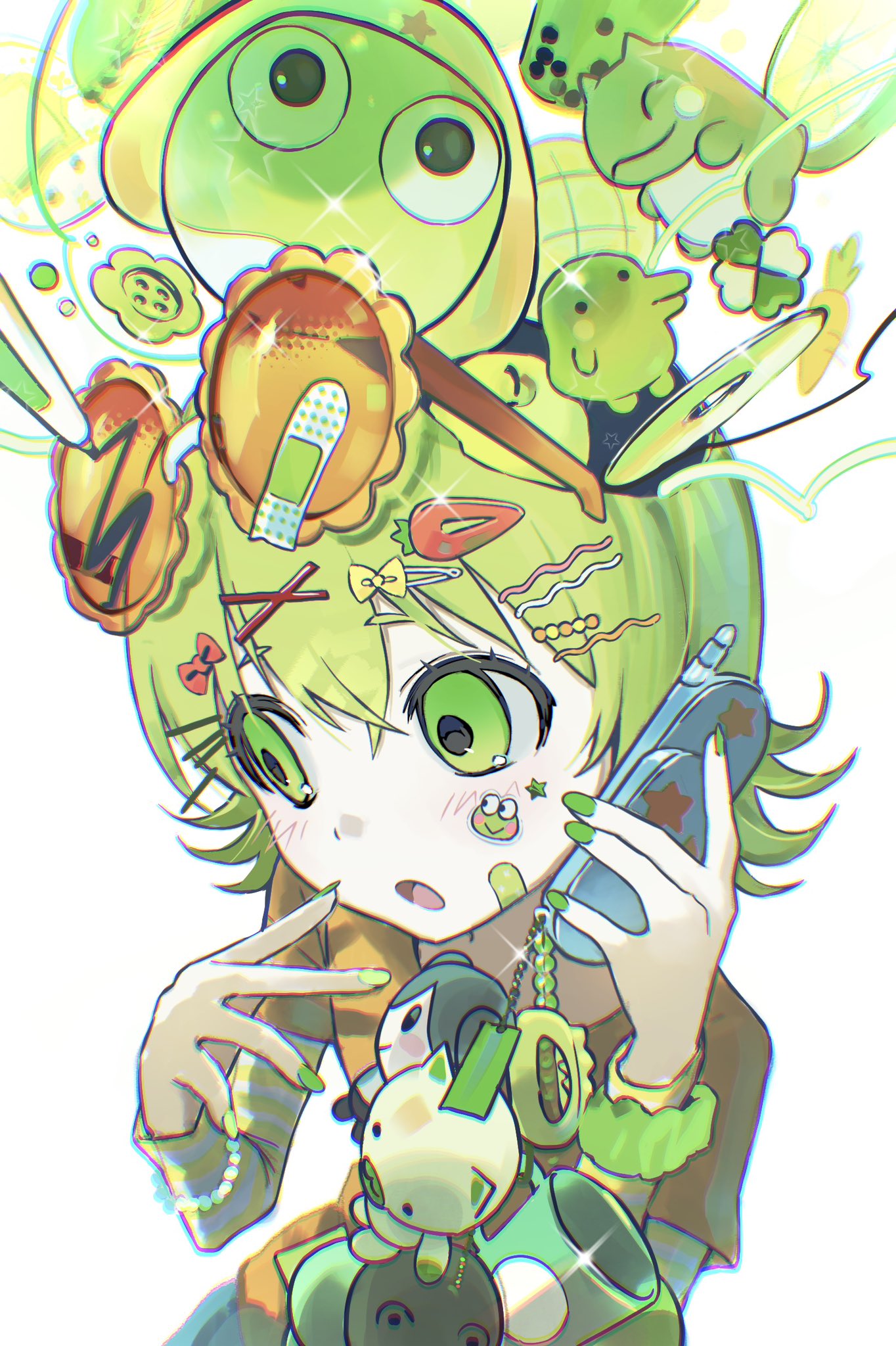 1girl, :o, bandaid, blush, bow, bracelet, bubble_tea, carrot