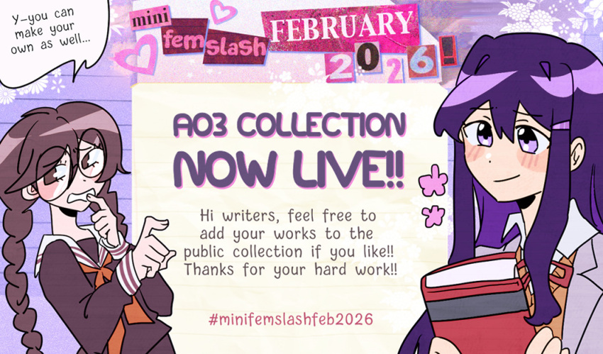 2girls, alt_text, announcement, archive_of_our_own, blush, book, braid, closed_mouth