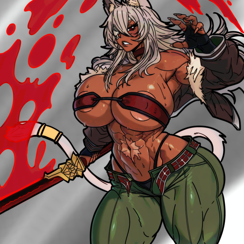 1girl, blood, breasts, cat_girl, cat_tail, dark-skinned_female, dark_skin, eyepatch