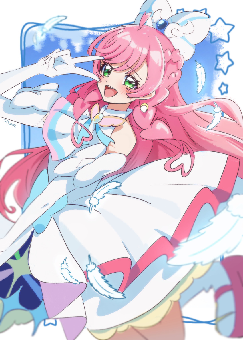 1girl, absurdres, artist_name, ascot, blue_bow, blue_sky, bow, braid, brooch, cowboy_shot, crown_braid, cure_prism, dress, dress_bow, earrings, elbow_gloves, feathers, glove_bow, gloves, green_eyes, hair_bow, highres, hirogaru_sky!_precure, jewelry, layered_dress, long_hair, looking_at_viewer, magical_girl, medium_dress, musclemamayade, nijigaoka_mashiro, open_mouth, pink_hair, precure, side_braids, signature, sky, sleeveless, sleeveless_dress, smile, solo, standing, star_(symbol), v, v_over_eye, very_long_hair, white_ascot, white_bow, white_dress, white_feathers, white_gloves, wing_brooch