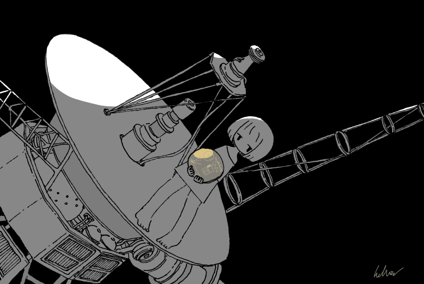 1girl, absurdres, barefoot, commentary, deep_space_probe, greyscale, highres, holding