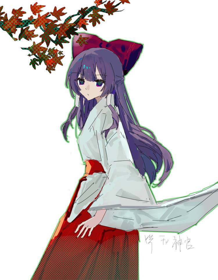 1girl, bow, chinese_commentary, closed_mouth, commentary_request, hair_bow, hair_tubes, hakama, hakama_skirt, hakurei_reimu, hakurei_reimu_(pc-98), japanese_clothes, jin_jin_jin_jin, kimono, long_hair, long_sleeves, miko, purple_hair, red_bow, red_hakama, simple_background, skirt, solo, touhou, touhou_(pc-98), very_long_hair, white_background, white_kimono, wide_sleeves
