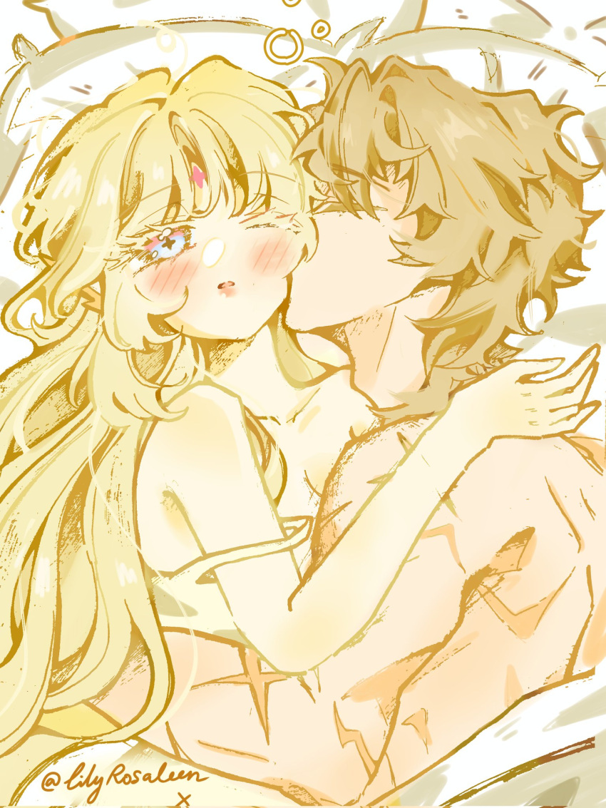 1boy, 1girl, ;o, bare_shoulders, blonde_hair, blue_eyes, blush, closed_eyes