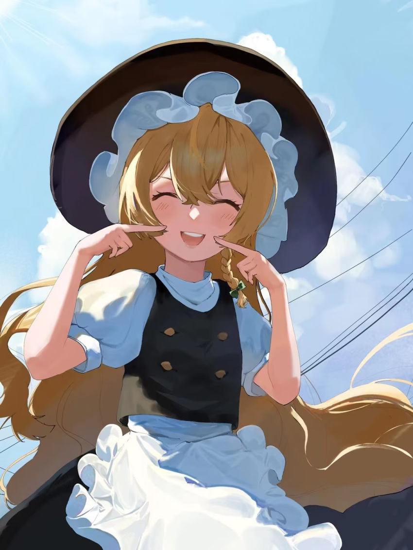 1girl, apron, black_hat, black_skirt, black_vest, blonde_hair, blue_sky, bow