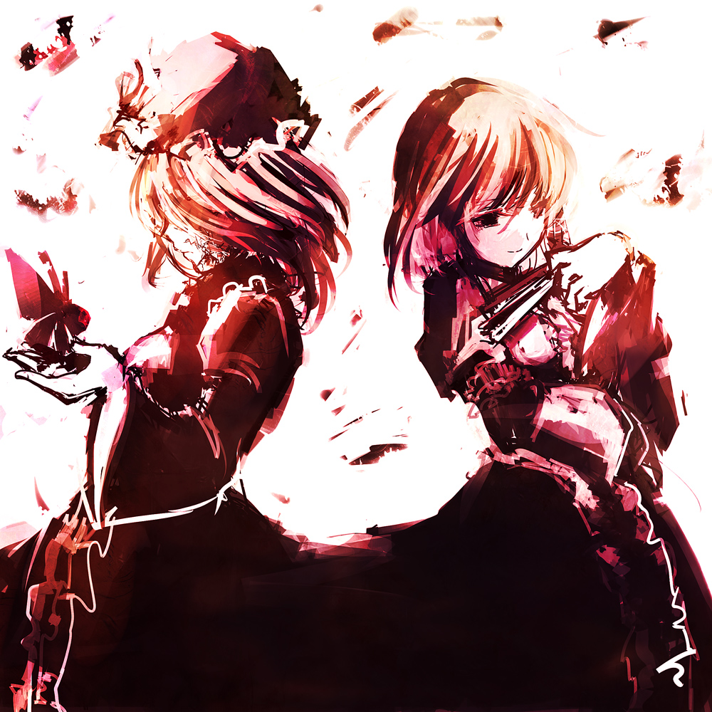 back-to-back, breasts, butterfly, dual_persona, fan, folding_fan, ghost, hair_over_eyes