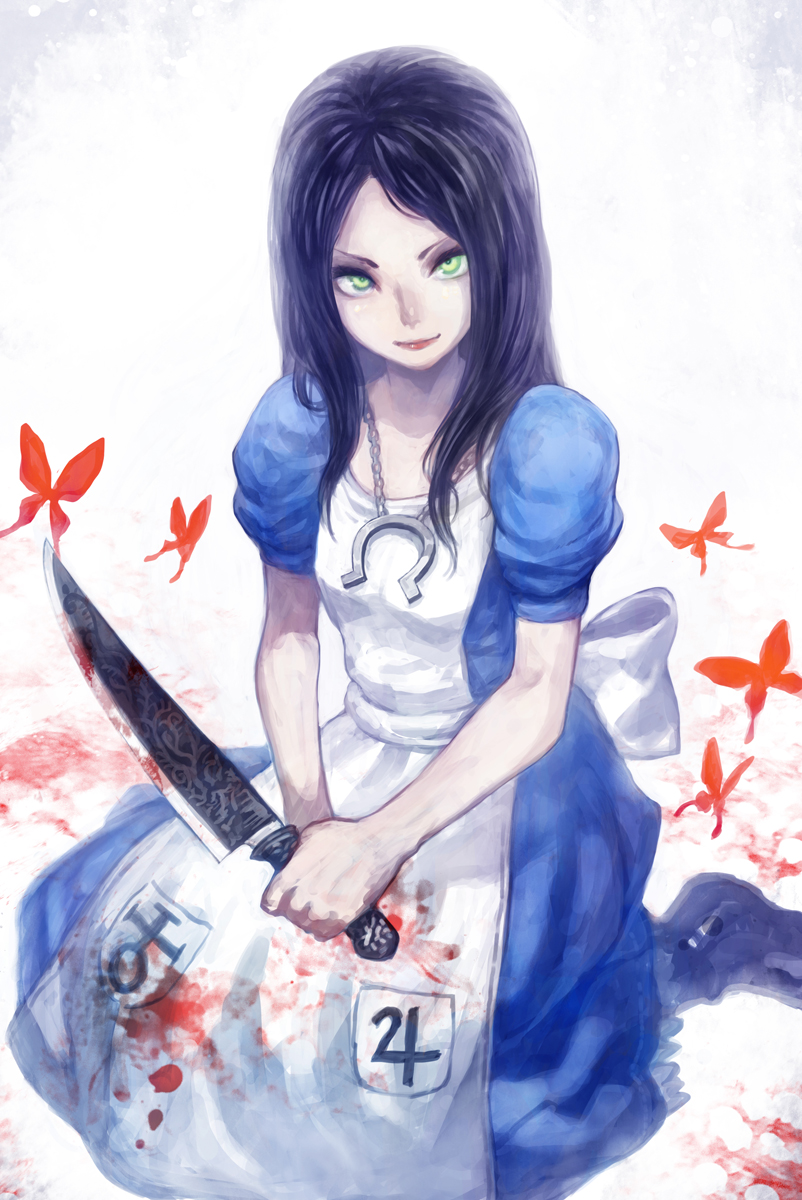 alice, alice_(wonderland), alice_in_wonderland, american_mcgee's_alice, american_mcgee's_alice, black_hair, blood, brown_hair, butterfly, dress, green_eyes, highres, knife, lack, long_hair, smile, solo