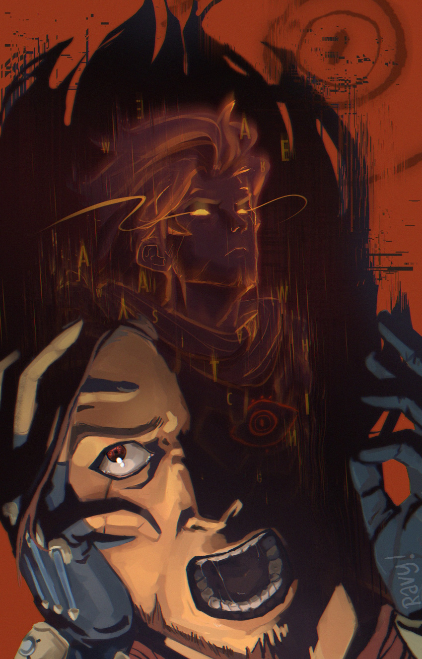 1boy, absurdres, beard, brown_hair, close-up, emre_(overwatch), english_commentary, facial_hair