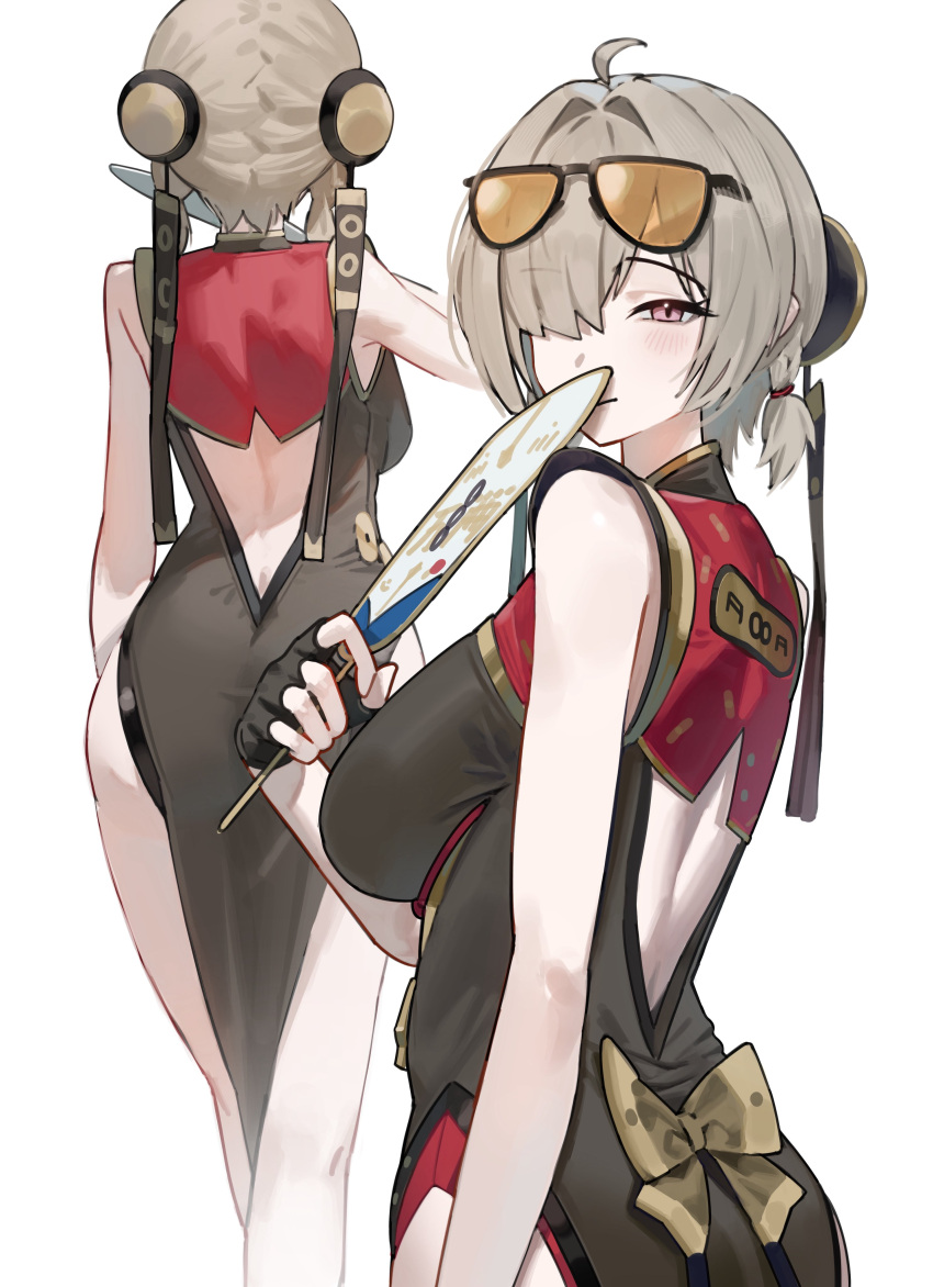 1girl, absurdres, black_dress, breasts, china_dress, chinese_clothes, clothing_cutout, dress
