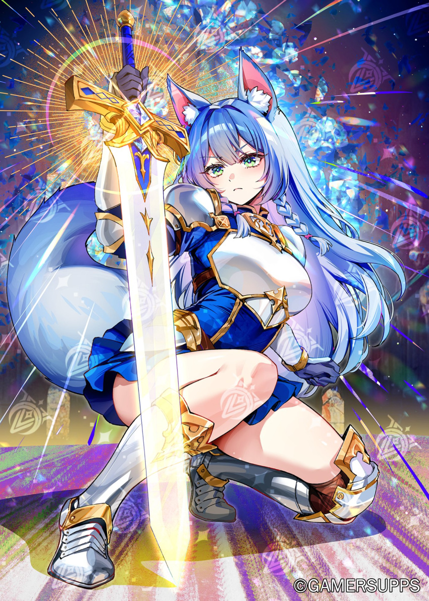 1girl, animal_ears, armor, blue_hair, blue_skirt, braid, commentary, english_commentary, fox_ears, fox_tail, foxyreine, gamer_supps, gauntlets, gloves, green_eyes, highres, original, sister_reine_(foxyreine), skirt, solo, sword, tail, thighs, twin_braids, weapon