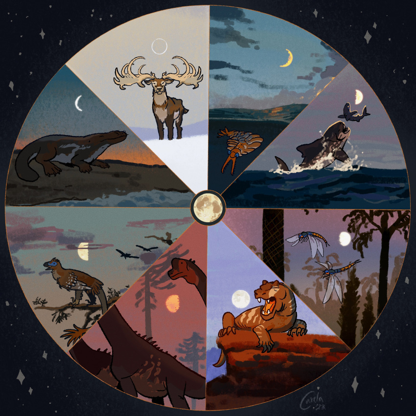absurdres, animal, bug, caxela, crescent, deer, dinosaur, dragonfly