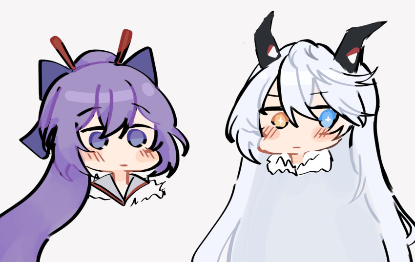 2girls, artist_request, black_horns, blush, bow, chibi, chibi_only, closed_mouth