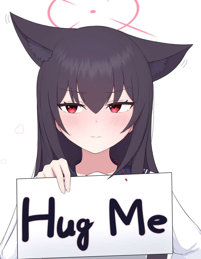 1girl, absurdres, animal_ear_fluff, animal_ears, asuparuch, black_sailor_collar, blue_archive, blush, closed_mouth, commentary_request, ear_wiggle, embarrassed, english_text, extra_ears, eyelashes, fox_ears, fox_girl, hair_between_eyes, halo, hand_up, heart, highres, long_sleeves, looking_at_viewer, motion_lines, red_eyes, red_halo, sailor_collar, school_uniform, serafuku, shirt, sidelocks, simple_background, solo, split_mouth, tsurime, upper_body, v-shaped_eyebrows, wavy_mouth, white_background, white_shirt, yukino_(blue_archive)